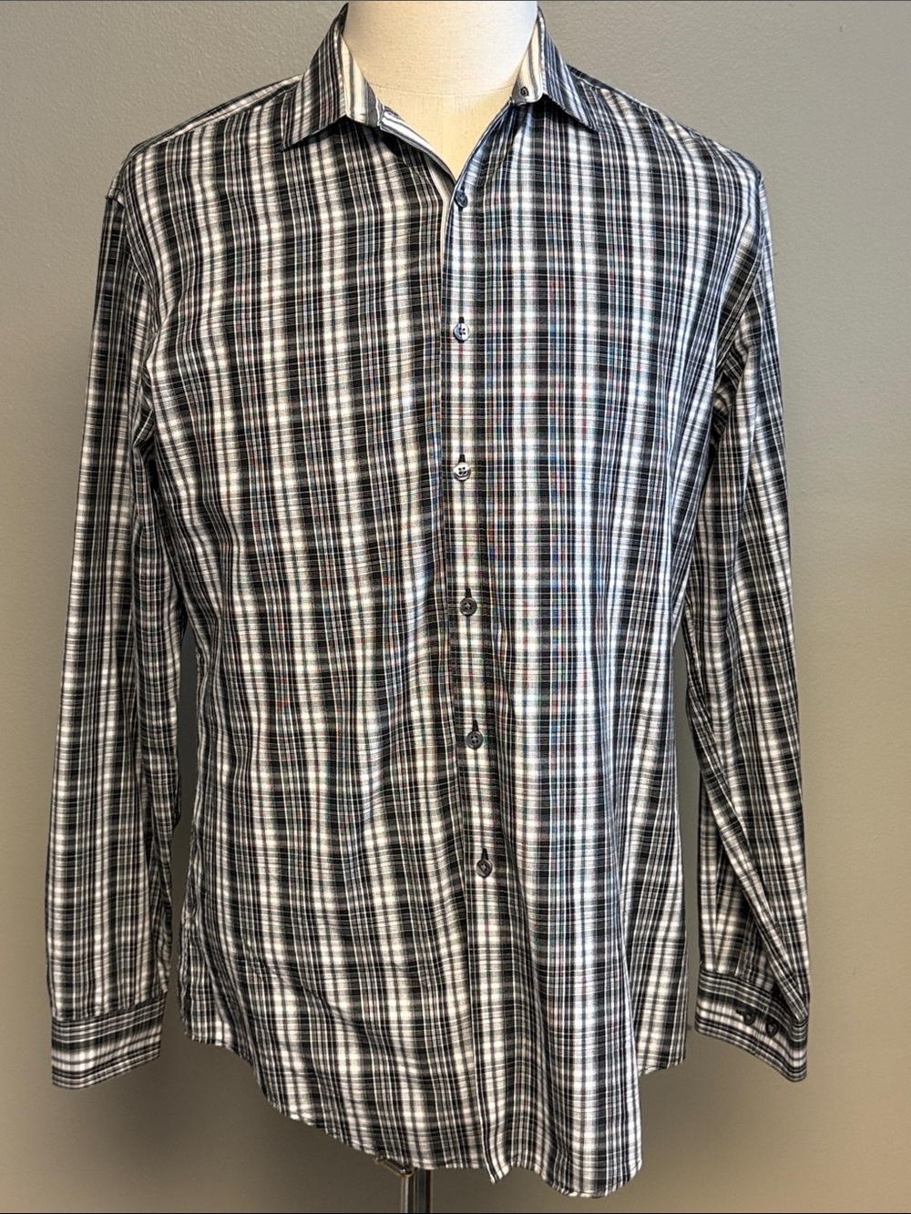 DKNY Slim Fit Plaid Button Front Dress Shirt – Men's 16 34/35
